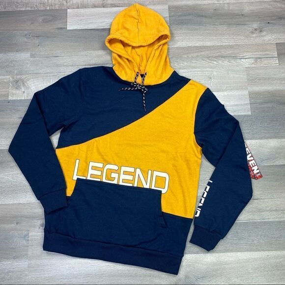 Seven Souls Color Block Legend Graphic Mens Hoodie Blue Yellow Size M NWT - Picture 1 of 9